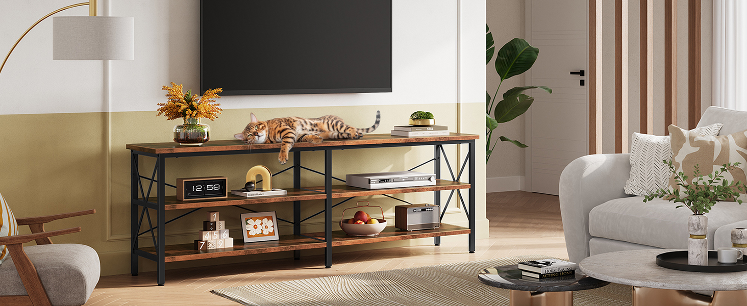 Тумба під телевізор WLIVE TV Schrank - 160 x 36 x 61 см, для телевізорів до 70 дюймів, з відкритими полицями, для вітальні та спальні, в стилі Vintage Braun