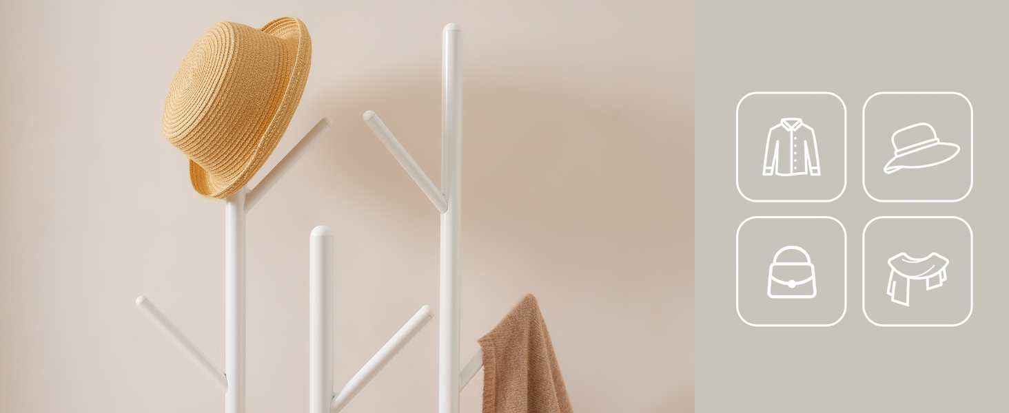 HOOBRO Стійка для одягу, підлого стояння, у вигляді дерева з 8 гачками та 2 круглими полицями, для одягу, капелюхів, сумок, вітальні, спальні, офісу, темно-коричневий/чорний