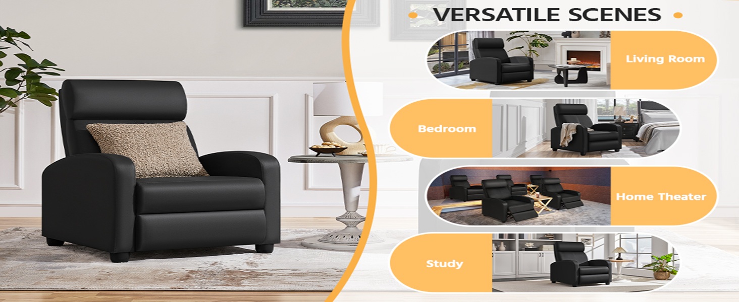 Крісло-релакс Yaheetech з регульованим нахилом, чорне, для вітальні, спальні, домашнього кінотеатру, штучна шкіра