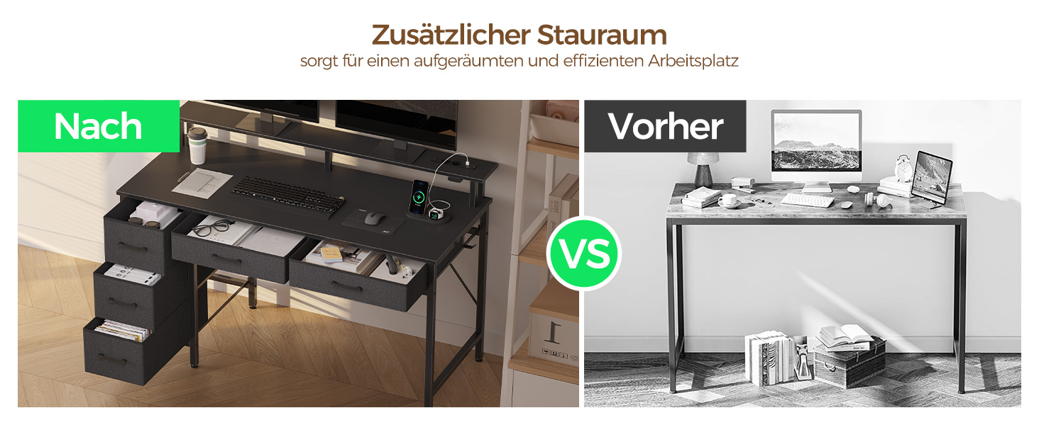 Комп'ютерний стіл Seventable з розетками та LED-підсвічуванням, 100 см, ігровий стіл з 5 ящиками та підставкою для монітора, для офісу, робочого кабінету, спальні, вітальні, чорний