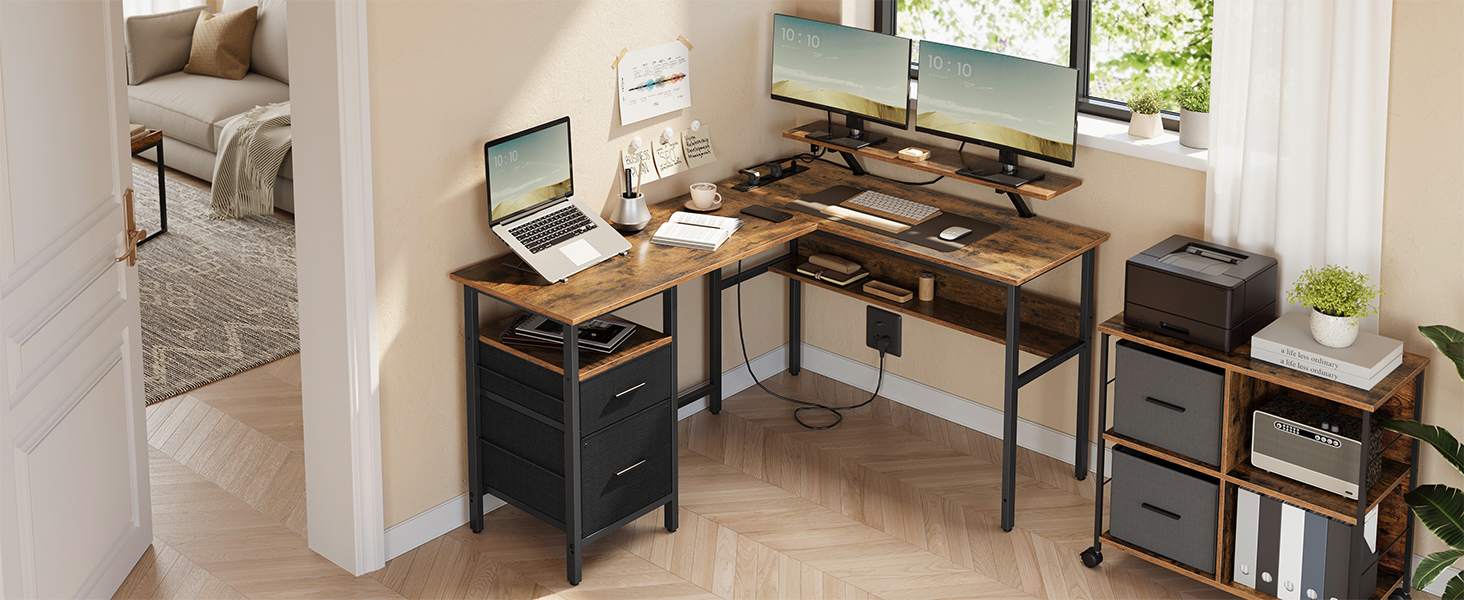 Комп'ютерний стіл VASAGLE L-подібний з розетками, LED-підсвічуванням та USB-портами, 150 x 120 x 76 см, для дому та офісу, вінтажний колір