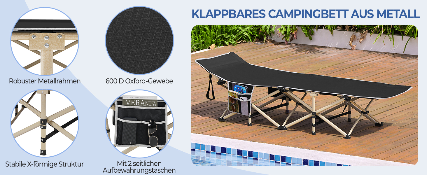 Розкладне ліжко для кемпінгу Yaheetech, похідна шезлонг-ліжка з кишенею та сумкою для транспортування, витримує до 150 кг, чорне