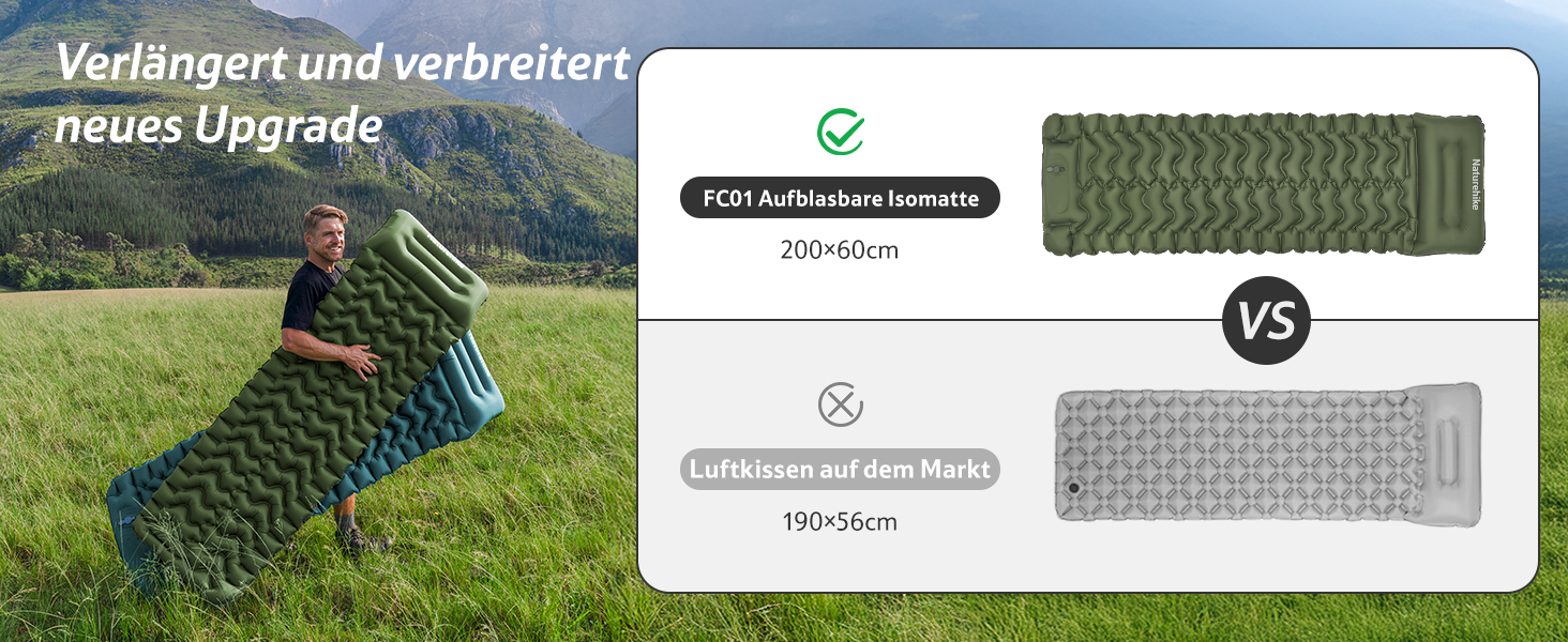Надувний кемпінговий килимок Naturehike Ultralight з вбудованим насосом для походу та туризму, армійний зелений, двоподібний