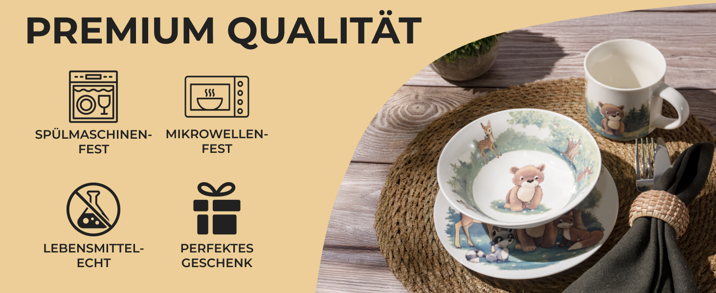 MIAMIO Набір дитячого посуду 3 шт. з порцеляни (тарілка, миска, чашка) - для дітей та малюків (ліс)