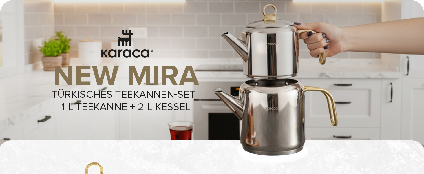 Набір для заварювання чаю Karaca New Mira Gold: чайник 1л та чайник-самовар 2л з нержавіючої сталі, індукційний, для турецького чаю