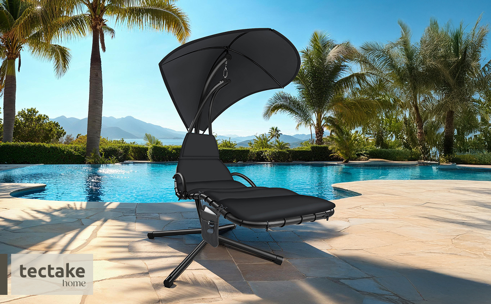 Тектайк® Гамак з каркасом, гамак-шезлонг, гамак-гойдалка з сонцезахистом, гамак-крісло з сумкою, подушкою для голови, для саду, тераси та балкону - (Чорний)