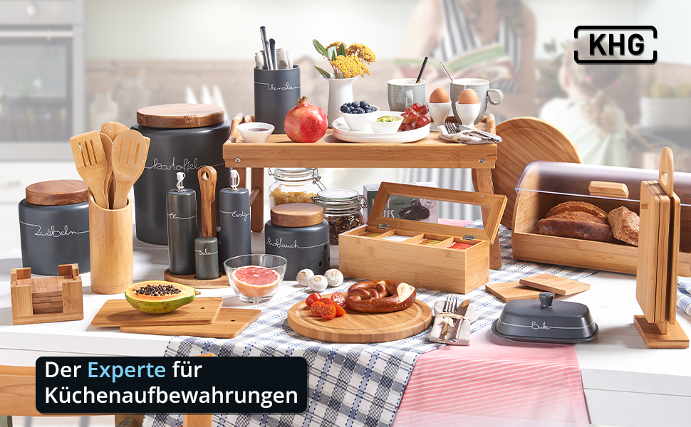 Контейнер для зберігання KHG, кераміка, сірий антрацит з дерев'яним кришкою, 4 кг, круглий, з маркуванням, набір, висота 28 см