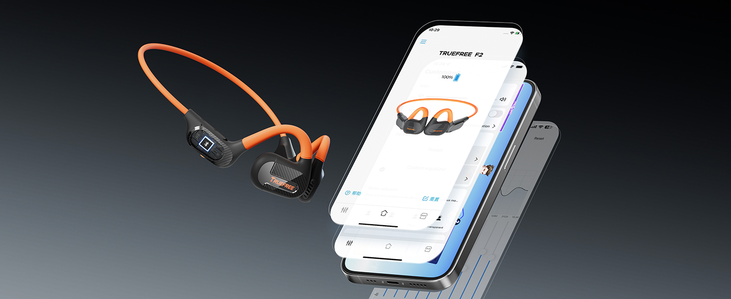 Спортивні навушники Truefree F2 з відкритим вухом Bluetooth 5.3, 4 мікрофони, 15 годин, баси, багатоточкові, додаток, чорний