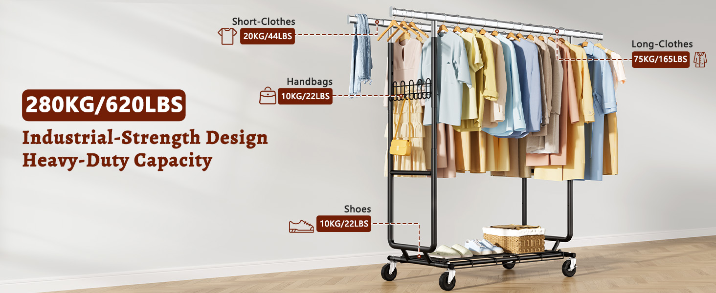 Стійка для одягу на колесах FAVOOOSTY, металева, мобільна, до 200 кг, чорна, 2 стійки