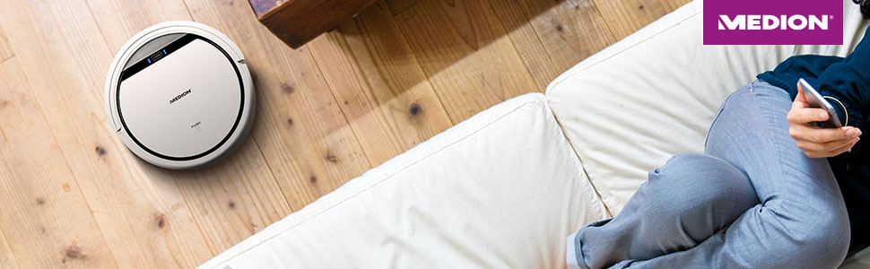 Робот-пилосос MEDION MD 18500 з базою для зарядки, білий (90 хв роботи, для твердих підлог, плитки, ламінату, оптимізований для шерсті тварин, прямий всмоктування, автоматичне повернення на базу)