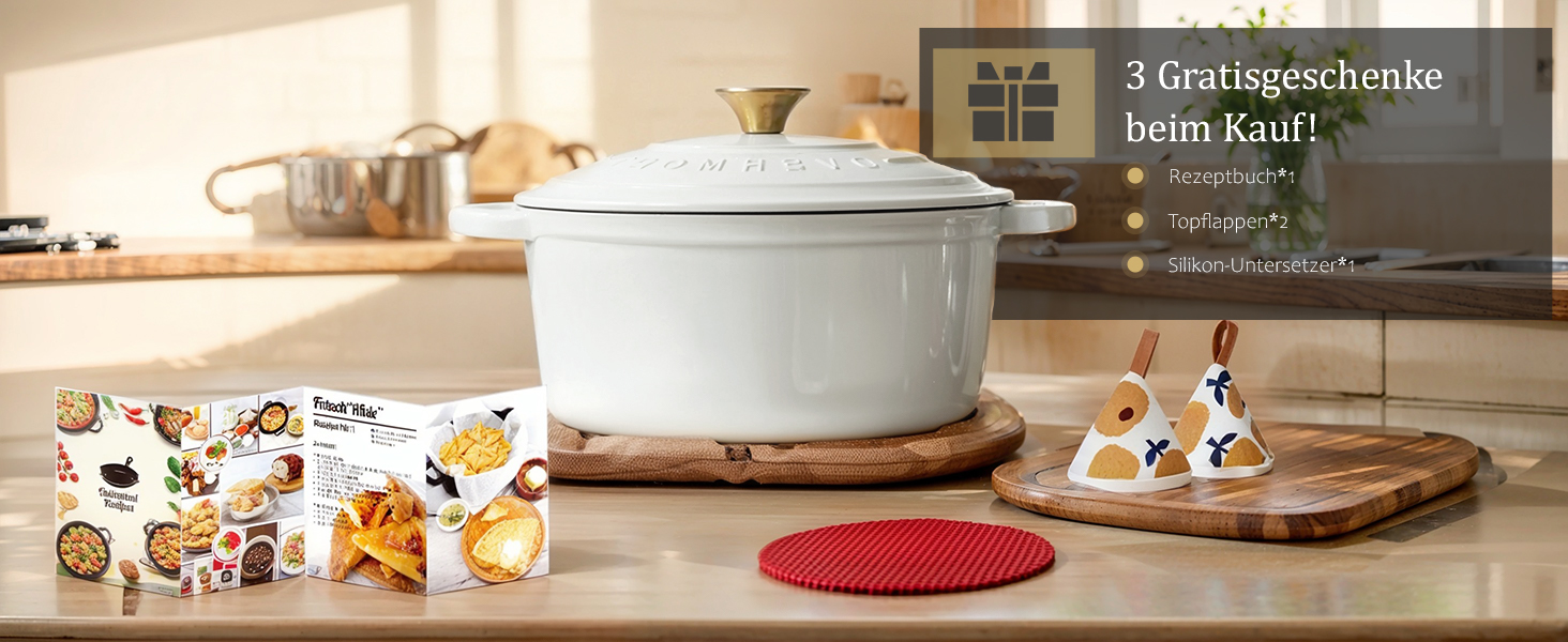 Чавунна каструля-гульяш Overmont з емалевим покриттям, 26 см, 5.2 л, перламутрово-біла, з кришкою та кулінарною книгою, підходить для духовки