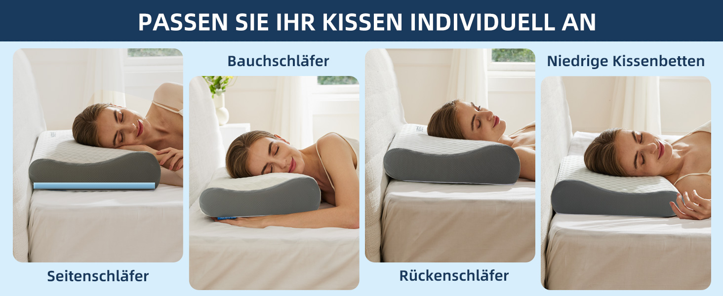 Подушка NOFFA з піною з пам'яті Memory Foam, ортопедична, для сну на спині, боці та животі, регульована висота та жорсткість, 55 x 35 x (11/8, 8/5) см, 60 x 35 x 12 см, сірий & білий колір