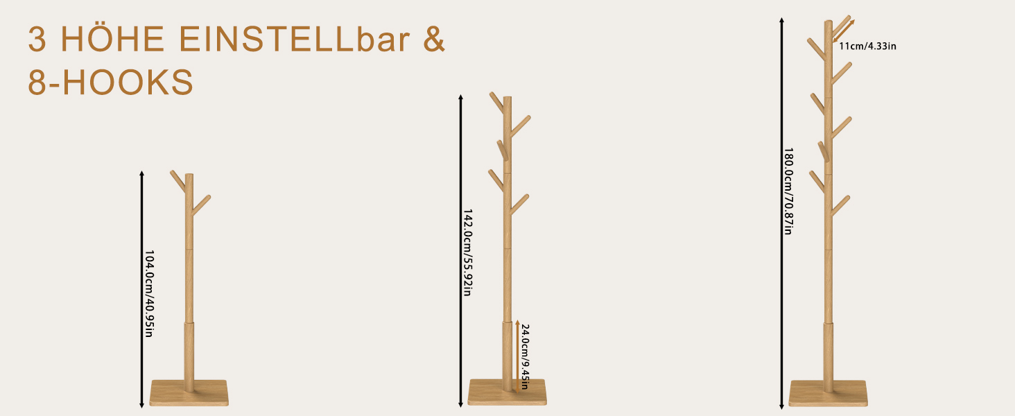 Вішалка для одягу Yawinhe у вигляді дерева з антиковзним покриттям, з масиву дерева, 180 см, 8 гачків, 3 регульовані висоти, для передпокою, 1 шт.
