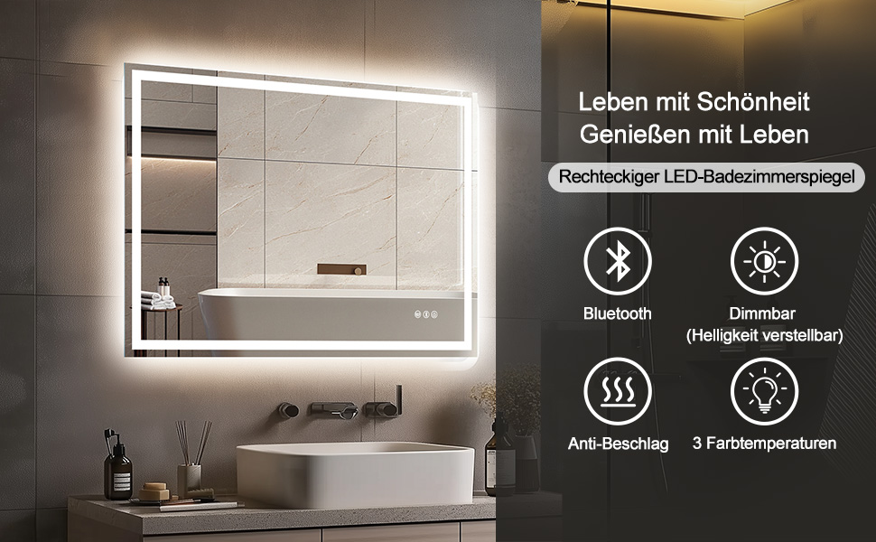 Дзеркало для ванної кімнати зі світлодіодним підсвічуванням 50x70 см, дзеркало з сенсорним вимикачем, Bluetooth (80x60 см)