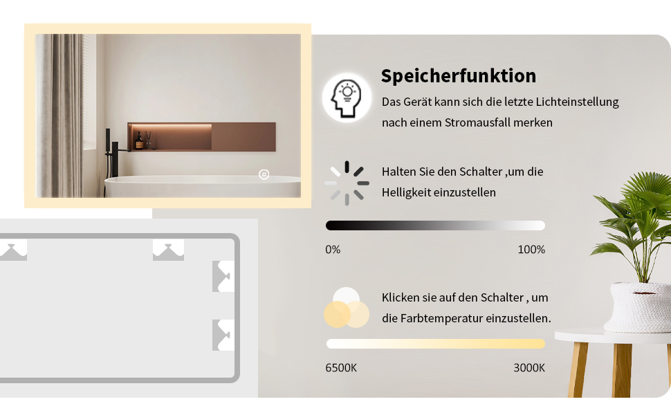 LED дзеркало для ванної кімнати з підсвічуванням 40x60 см, сенсорне керування, 3 кольори світла, IP67, енергозберігаюче A++