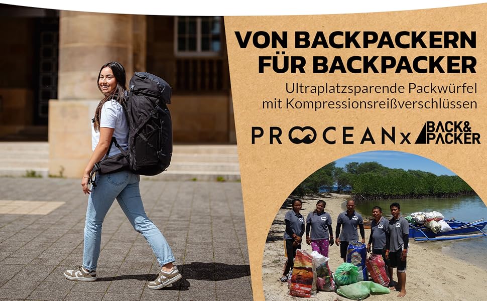 Набір компресійних органайзерів для подорожей BACK&PACKER® (6 предметів) — сумки-пакувальники з переробленого матеріалу для валізи та рюкзака, включаючи мішок для вологого одягу, чорний