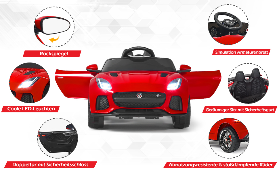 Дитячий електромобіль COSTWAY Jaguar 12V з музикою, історіями, сигналом і фарами, на пульті ДУ, для дітей від 3 років, червоний
