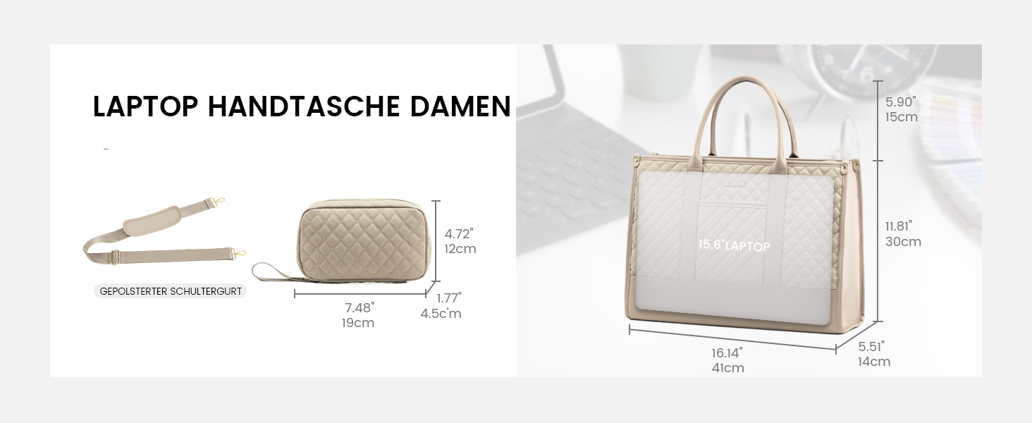 Сумка для ноутбука LOVEVOOK для жінок, водонепроникна, велика, шкіряна, для роботи, навчання, офісу, університету (15,6 дюймів, хакі+чорний)