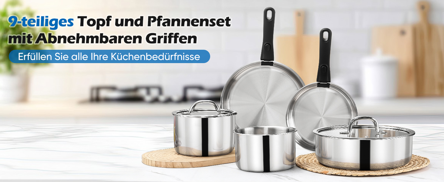 Набір каструль Joyfair, 9 предметів, з нержавіючої сталі, знімний ручка, для індукційних плит, сумісний з усіма типами плит, можна використовувати в духовці та мити в посудомийній машині