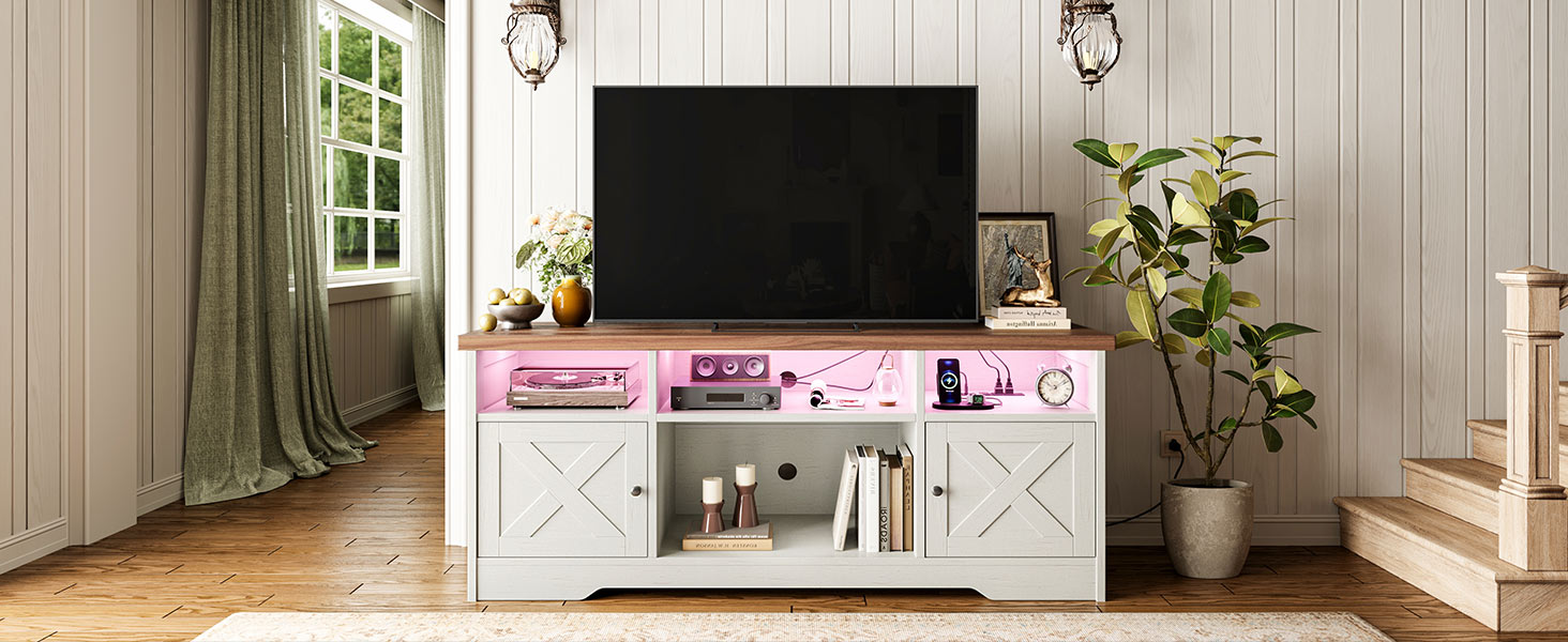 Тумба під ТВ Coleshome з розетками, USB, LED, 4 відкриті полиці та 2 шухляди, 150x35x65 см, білий та горіх
