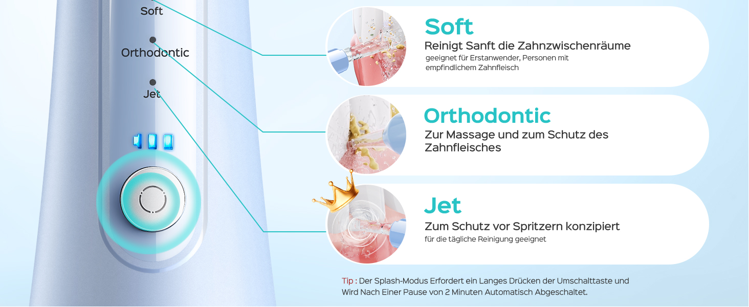 COSLUS Душова насадка електрична бездротова, Testsieger 2026: 20 рівнів тиску води, IPX7 водонепроникність, точна технологія Anti-Splash, 4 режими для здоров'я ротової порожнини, для щоденного використання та подорожей, 5 інтенсивностей (блакитний)