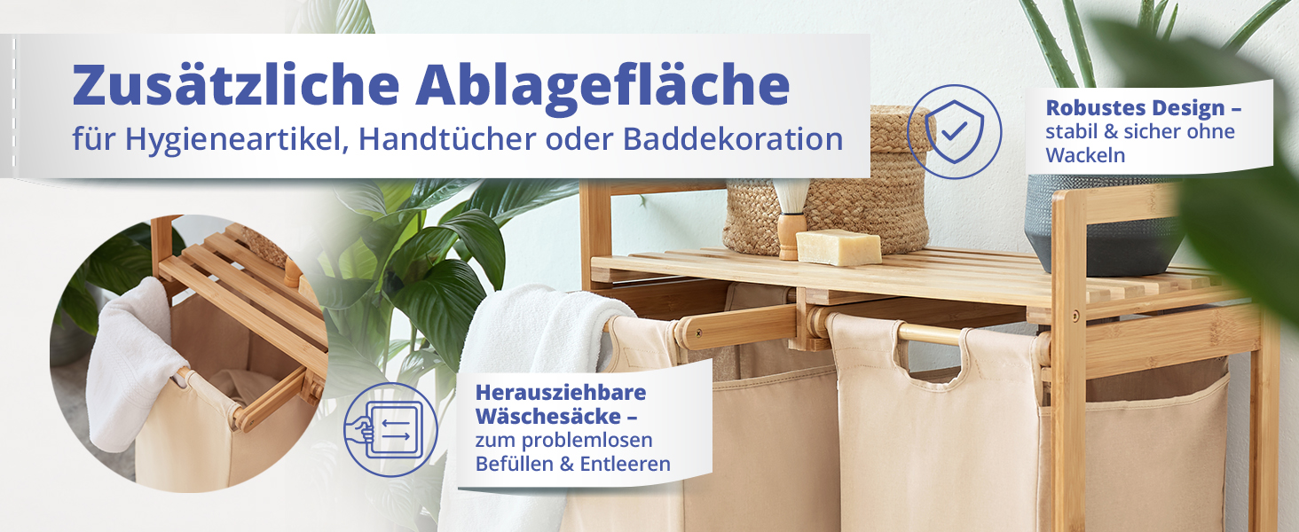 Кошик для білизни Lumaland з бамбука з 2 висувними мішками для білизни | Легкий у догляді, стійкий до вологи, легко очищується | Висота 73 см x 64 см (ширина) x 33 см (глибина) [Бежевий] 2 відділення для білизни, 2 мішки для білизни | Бежевий