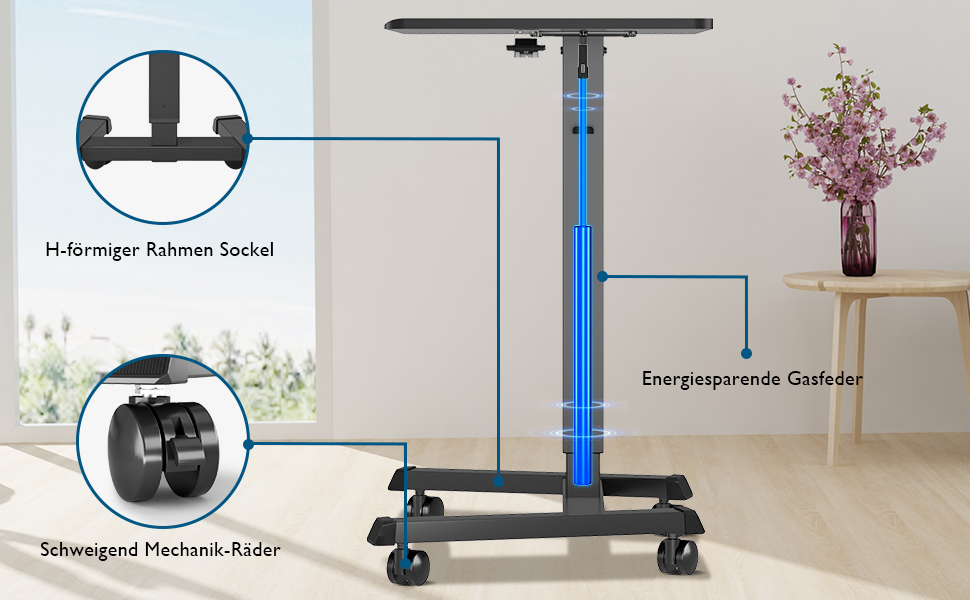BONTEC Регульований стіл-трансформер, мобільний підйомний стіл, стіл для стоячи/сидячи, стіл над ліжком, чорний, 65x45 см, до 15 кг