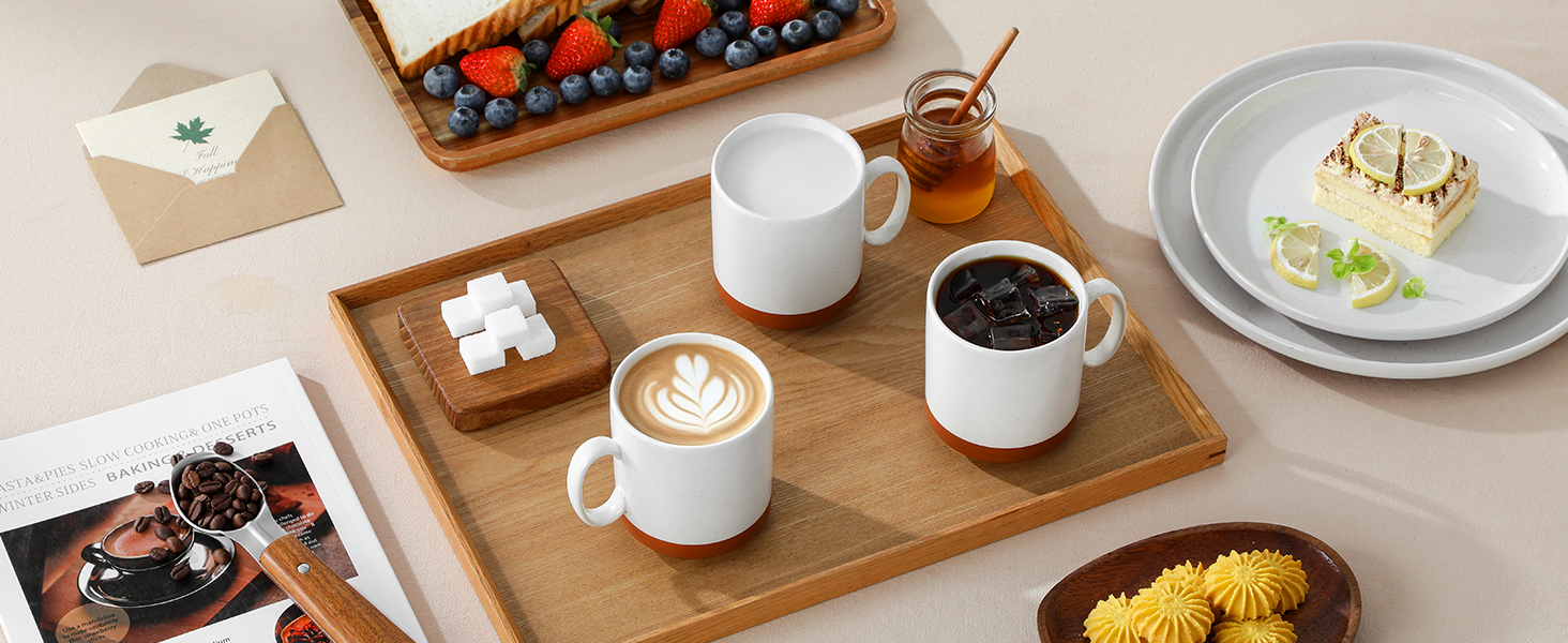 MALACASA Сервіз на 6 осіб (24 предмети) з реактивною глазур'ю, кераміка, серія TARA, білий з коричневими акцентами