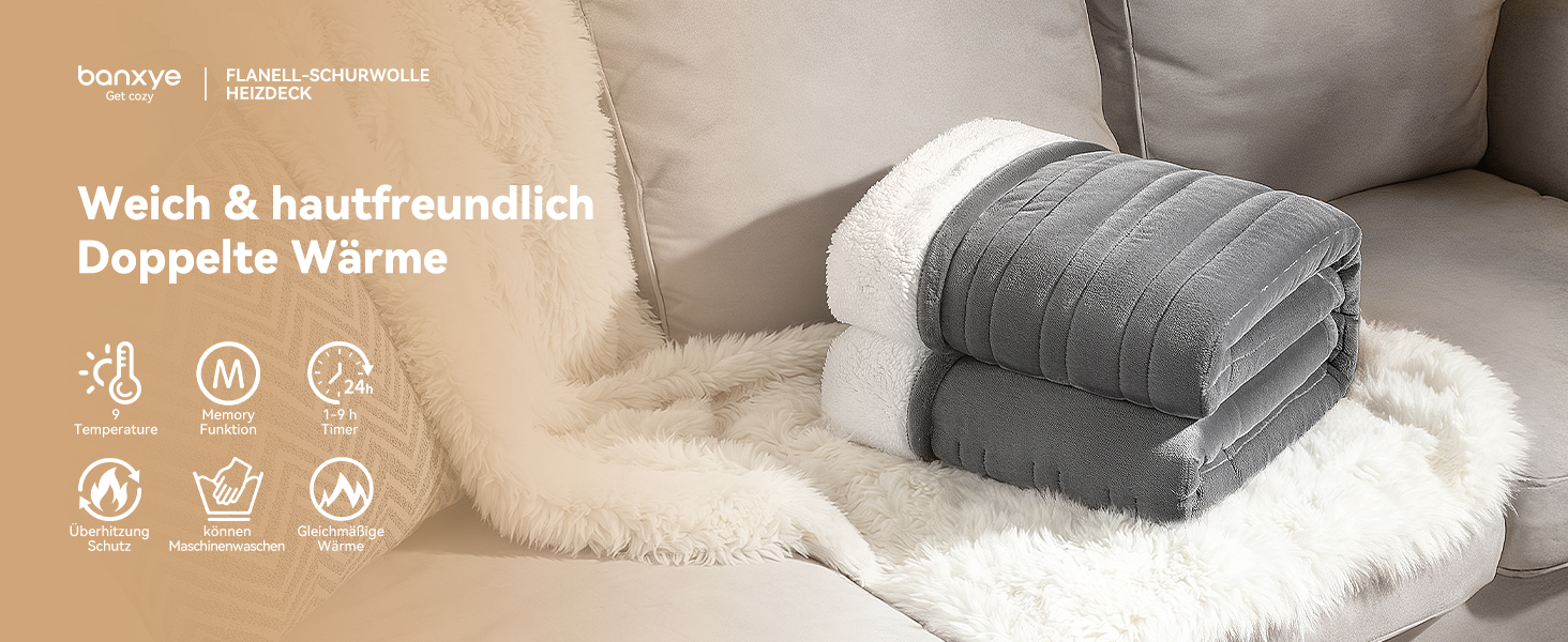 Електрична ковдра з автовимкненням та 9 зон нагріву 200x180 см, таймер 1-9 год з функцією пам'яті, швидкий нагрів та рівномірний розподіл тепла, двостороння фланель та штучне хутро