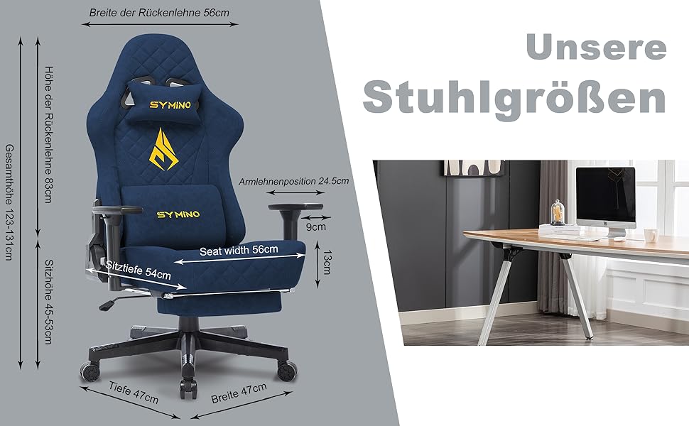 Ігровий крісло Symino, ергономічне, з дизайном гоночного авто, для ПК, вінтажне, з регульованою підніжкою, оббивка з PU-шкіри (блакитний)