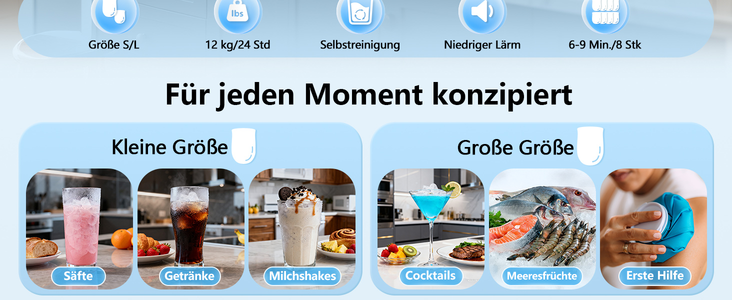 Льодогенератор портативний Klein Ice Maker 12 кг/24год, швидке виробництво льоду (8 кубиків за 6 хв), 2 розміри кубиків, самоочищення для дому, кухні, кемпінгу, вечірок