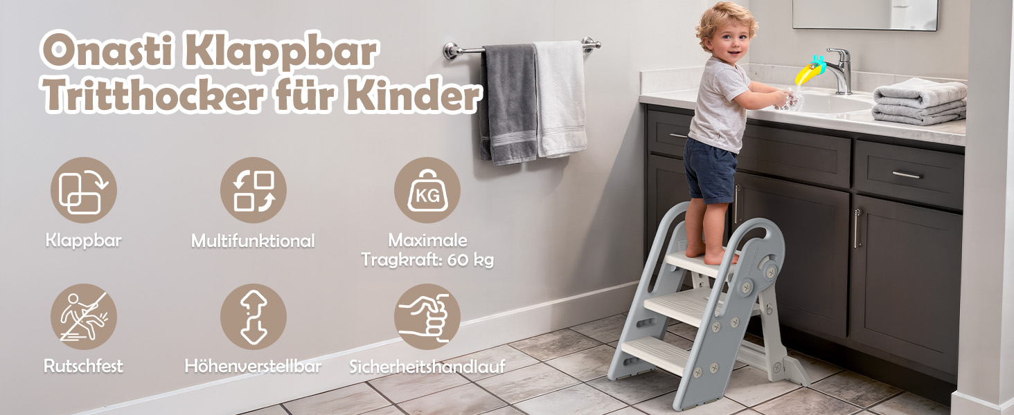 Дитячий підсвічник Onasti Tritthocker: регульована висота, 3 ступені, з ручками, складний, анти-кіп та анти-ковзний, для кухні, ванної кімнати, умивальника та туалету (сірий)