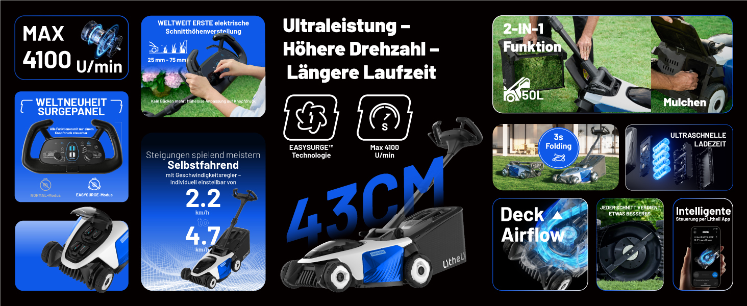 Акумуляторний акумуляторний газонокосарка Litheli Easysurge 43 см, 40V, самохідна, безщітковий двигун, до 500 м², 50 л, 25-75 мм, 2 x 4.0 Ah