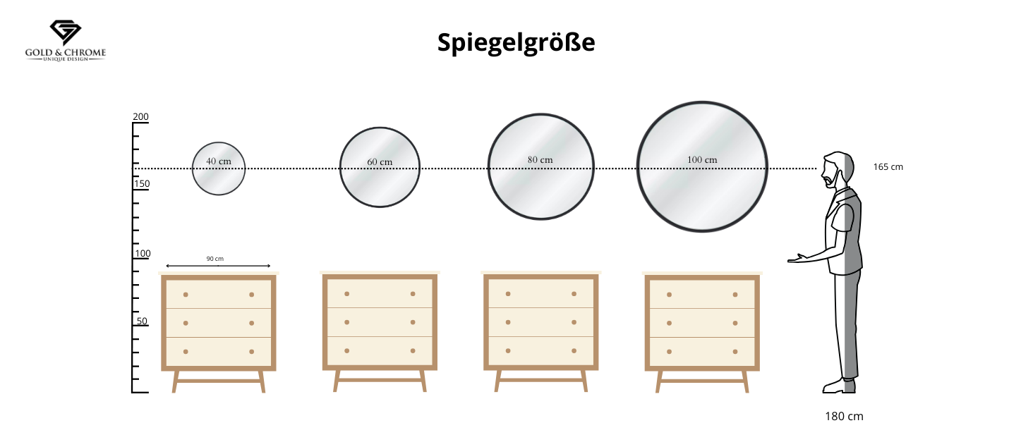 Круглий настінний дзеркало GOLD&CHROME UNIQUE DESIGN чорного кольору - 50 x 50 см, для ванної кімнати та макіяжу, з алюмінію, декоративне, велике, 2 роки гарантії