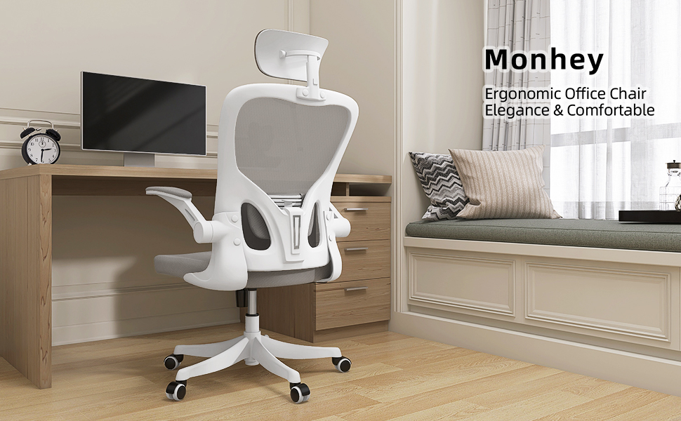 Офісний стіл Monhey: ергономічний крісло з регулюванням висоти, поворотне, з відкидними підлокітниками, дихаюча сітка, регульована підголовник та інтелектуальна підтримка попереку – для дому та офісу (01beige)