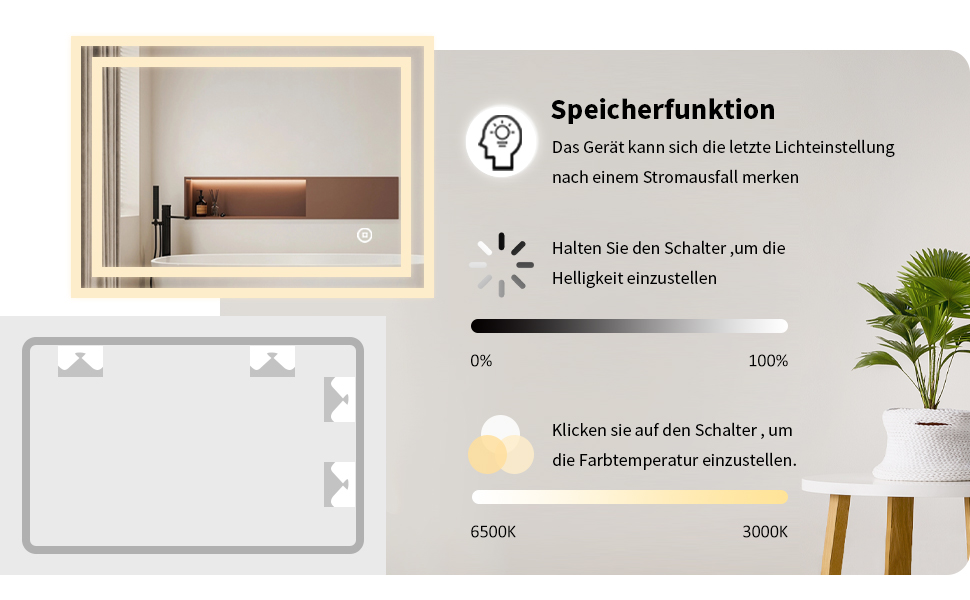 Дзеркало для ванної кімнати Badspiegel 70x50 см з підсвічуванням 3 кольори, сенсорне керування, прямокутне, LED, енергоклас A++