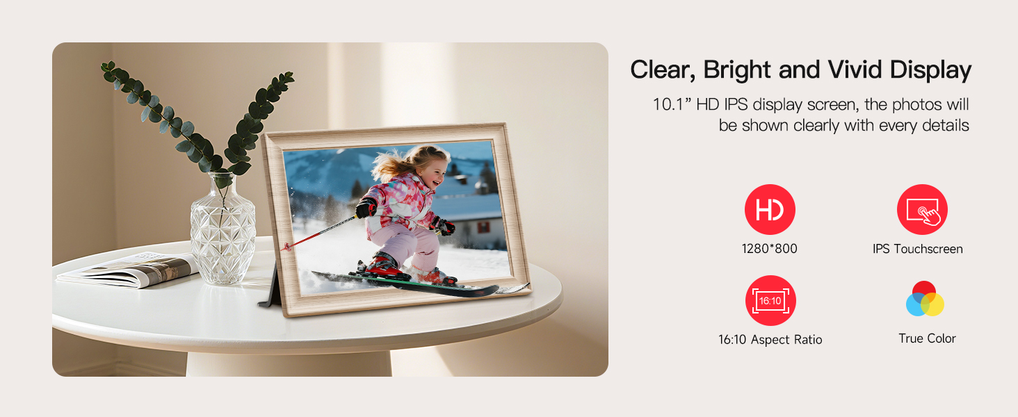 Frameo Цифровий фоторамка 10.1 дюймів, HD 1280*800 IPS сенсорний екран, 32GB пам'ять, автоповорот, Frameo App для обміну фото та відео, білий дерев'яний масив