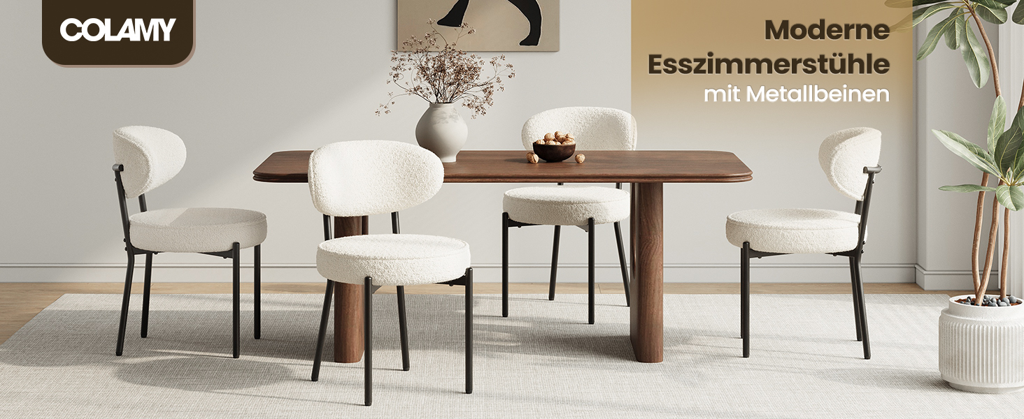 COLAMY Комплект обідніх стільців 4 шт. з м'яким сидінням 10 см – Сучасні м'які стільці з плюшевої тканини Teddy, з міцним металевим каркасом – Для кухні та вітальні, Білий. Комплект 4 шт.