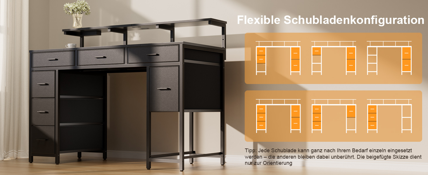 Комп'ютерний стіл з 8 висувними ящиками, 2 розетками, 2 USB-портами, LED-підсвічуванням та підставкою для монітора, 120 x 50 x 74 см (Чорний)