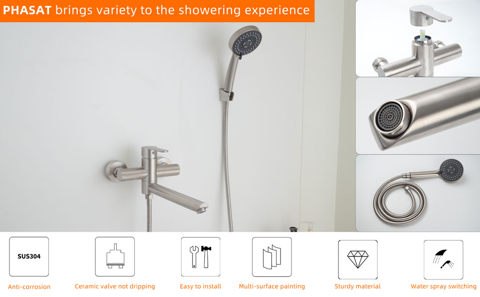 Набір змішувач для ванни PHASAT з витяжною лійкою, чорний, настінний монтаж, PTBB13E (довга лійка, нікель B)