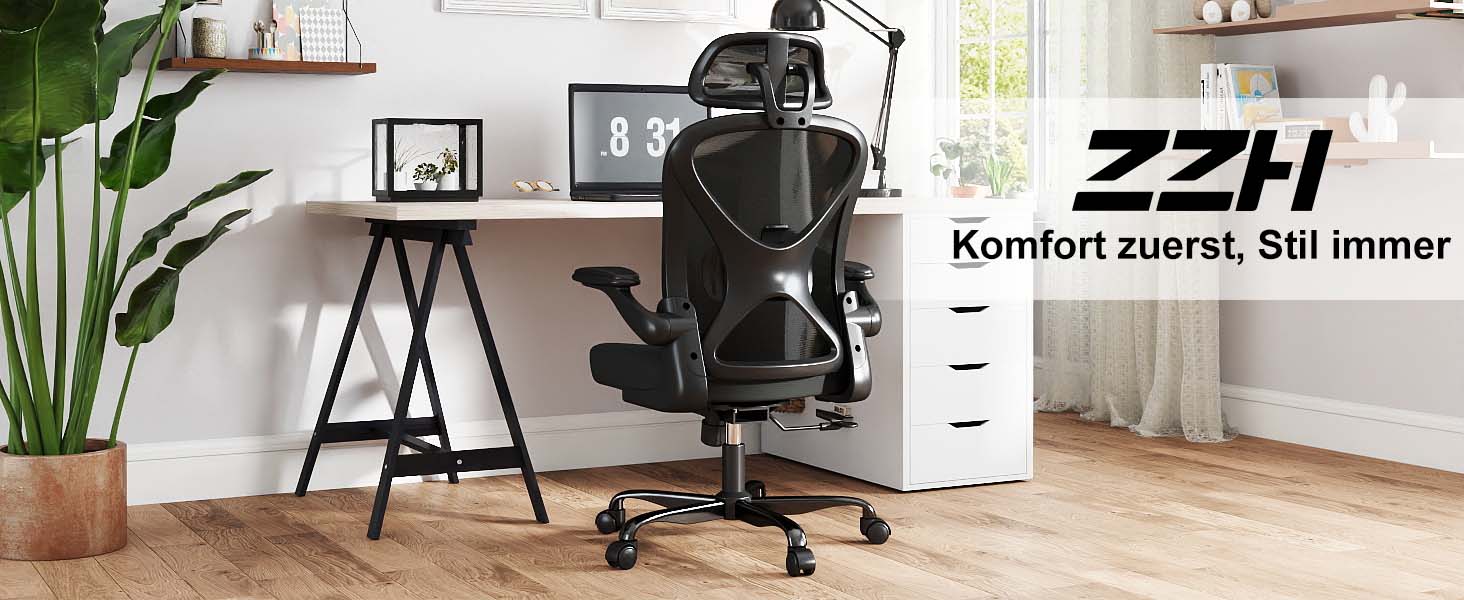 Ергономічне крісло для офісу ZZH, сітчасте крісло з регульованою поперековою підтримкою та підйомними підлокітниками, дихаючий комп'ютерний стілець для дому з обертанням на 360° та регулюванням висоти (Чорний – з підголівником)