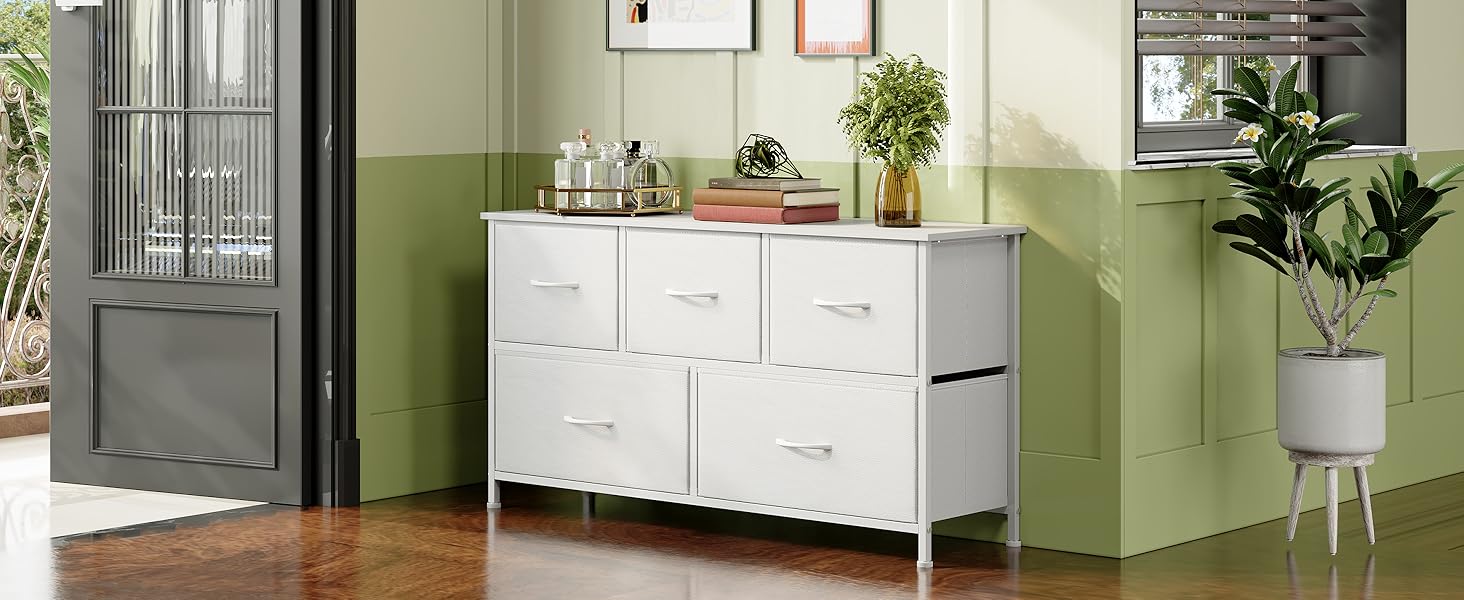 Тумбочка з шухлядами Somdot, тканинна тумбочка, біла тумбочка для спальні, вітальні, прихожої, 5 шухляд, 30x100x52.5 см