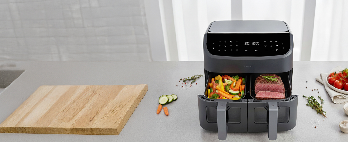 MEDION P20 XXL Фритюрниця з гарячим повітрям з 2 камерами (8,7 л, Airfryer, 2600 Вт, подвійна камера, 10 автоматичних програм, 2 висувні ящики, віконце, Dual Airfryer, ILAG PFAS-free, MD11760) матово-білий, матово-сірий