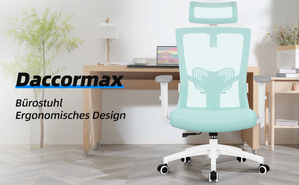Ергономічне крісло Daccormax для офісу, з регульованою підголовником, підлокітниками, підтримкою попереку, функцією гойдання, офісний крісло з сітки, для спини, 150 кг, блакитне