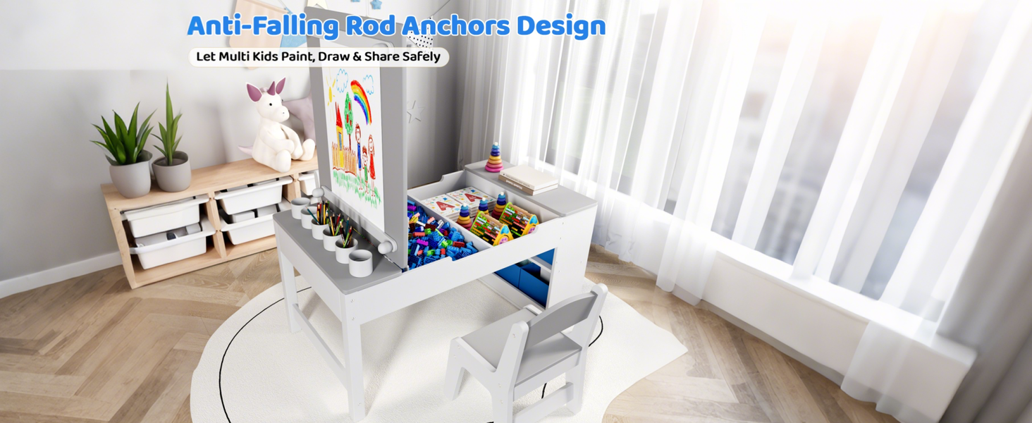 Дитячий стіл зі стільцями, дерев'яний набір, дитяча група сидінь з місцем для зберігання, стіл для малювання з рулоном паперу, стіл для малювання та рукоділля для дітей від 3 років (Сірий)