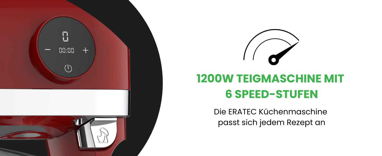 Кухонний комбайн ERATEC Kchenmeister Deluxe в - 1200 Вт, 6-швидкісна, 5,5-літрова чаша з нержавіючої сталі, включаючи аксесуари для тіста та інше - Сучасний і потужний (червоний)