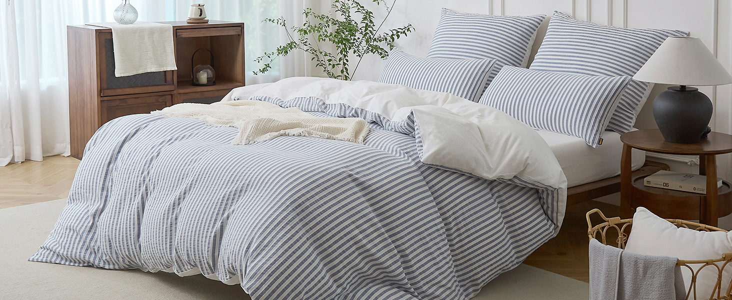 Набір постільної білизни SOULFUL 200x200, бавовна, смугастий дизайн, джинсовий колір, преміум-якість, сертифікат Öko-Tex 100, 3 шт. (200x200, 2x80x80)