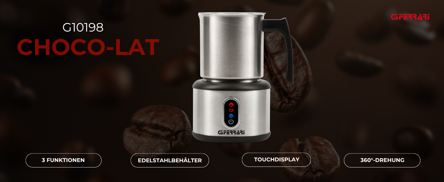 Феррарі G10198 Choco-Lat: Електричний капучинатор з нержавіючої сталі 600 Вт, 250 мл, 3 функції, сенсорний екран, легке очищення