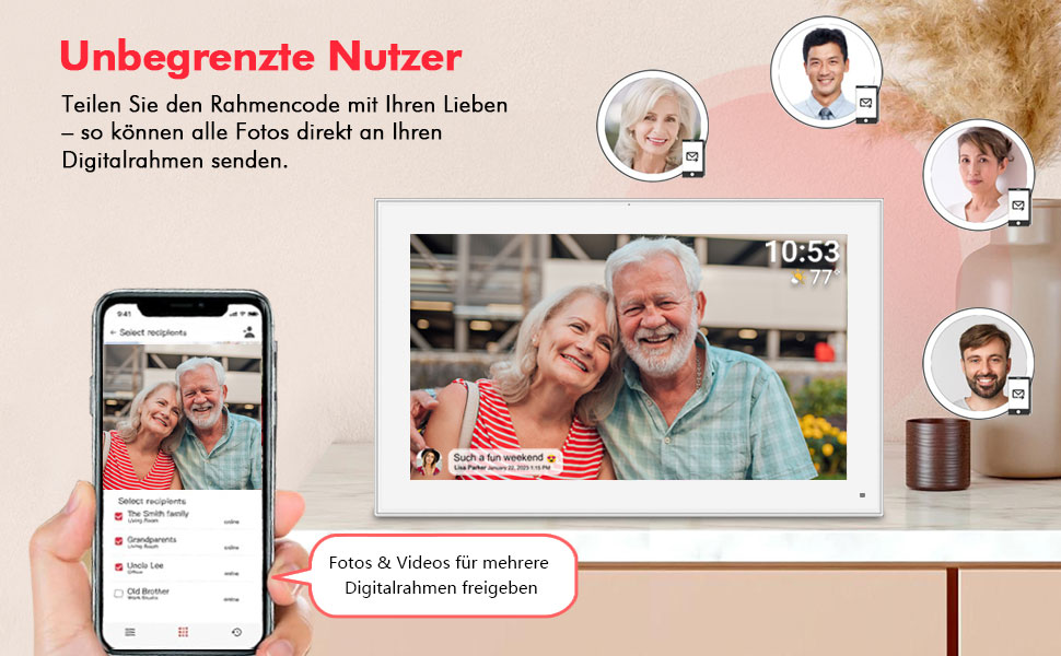 Цифровий фоторамка FRAMEO з Wi-Fi, 32 ГБ, 10,1 дюйма, IPS LCD, сенсорний екран, Smart Cloud, автоматичне обертання, підключення до Frameo App (15,6 дюйми, білий)