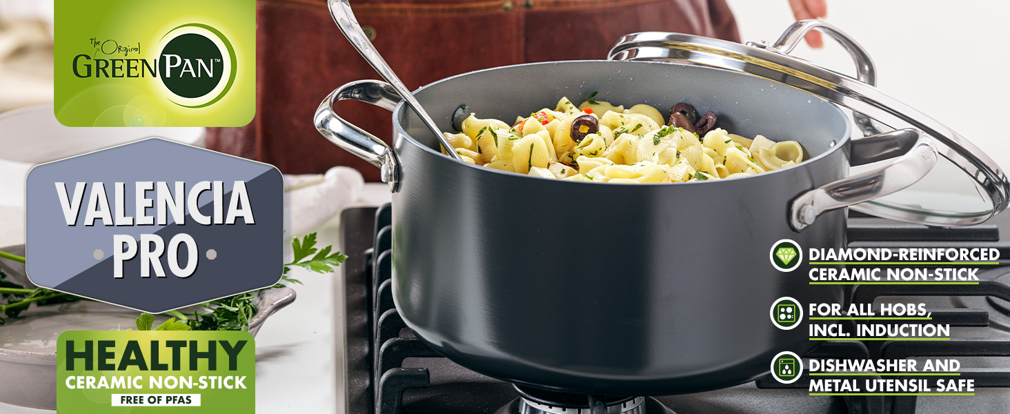 Сковорода GreenPan Valencia Pro з нержавіючою сталею Harteloxierte, керамічне антипригарне покриття, 28 см, 4,2 л, з кришкою, без PFAS, для індукційних плит, можна мити в посудомийній машині, термостійка, сіра (каструля 24 см/5,1л)